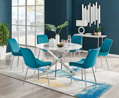 Furniturebox Novara White Marble Effect 120Cm Round Dining Table With Chrome Starburst Legs & 6 Blue Velvet Pesaro Chairs - image 1