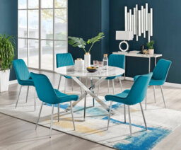 Furniturebox Novara White Marble Effect 120Cm Round Dining Table With Chrome Starburst Legs & 6 Blue Velvet Pesaro Chairs - thumbnail 1