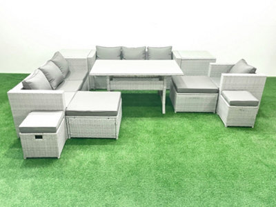 Fimous Rattan Garden Furniture Dining Set 11 Seater Lounge Sofa Chair Dining Table Set 4 Stools 2 Side Tables Light Grey - image 1