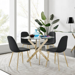 Furniturebox Uk Novara Chrome Metal Round Glass Dining Table And 4 Black Corona Gold Dining Chairs