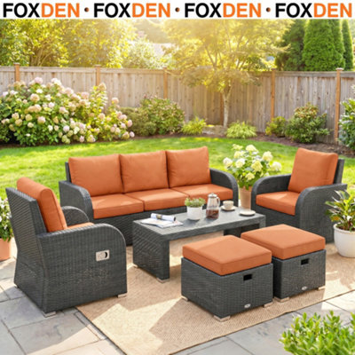 Foxden Orange Rattan Garden Dining Set Six Piece Reclining Armchairs Three Seater Sofa - image 1