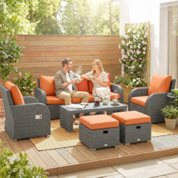 Foxden Orange Rattan Garden Dining Set Six Piece Reclining Armchairs Three Seater Sofa - thumbnail 9