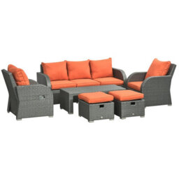 Foxden Orange Rattan Garden Dining Set Six Piece Reclining Armchairs Three Seater Sofa - thumbnail 3