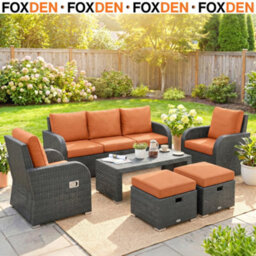 Foxden Orange Rattan Garden Dining Set Six Piece Reclining Armchairs Three Seater Sofa - thumbnail 1