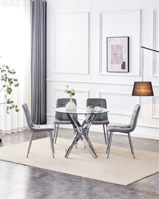 Kosy Koala Modern Round Glass Dining Table Set With 4 Grey Velvet Chairs Dining Room Furniture - image 1