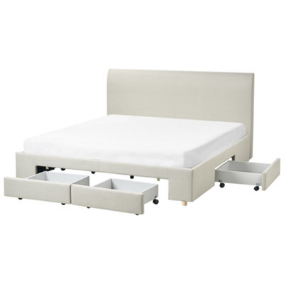 Beliani Bed With Storage Drawers Fabric Soutrin 180 X 200 Cm (Eu Super King) Beige - image 1