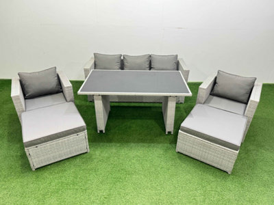 Fimous Patio Garden Furniture Sets With Black Glass Top Dining Table Armchair 3 Seater Sofa 2 Big Stool Light Grey - image 1