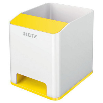 Leitz Wow White Yellow Plastic Home Office Desktop Storage Organiser Square Sound Boosting Pen Pencil Stationery Tidy Holder Pot - image 1