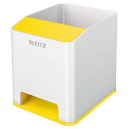 Leitz Wow White Yellow Plastic Home Office Desktop Storage Organiser Square Sound Boosting Pen Pencil Stationery Tidy Holder Pot - thumbnail 1