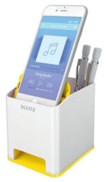 Leitz Wow White Yellow Plastic Home Office Desktop Storage Organiser Square Sound Boosting Pen Pencil Stationery Tidy Holder Pot - thumbnail 3