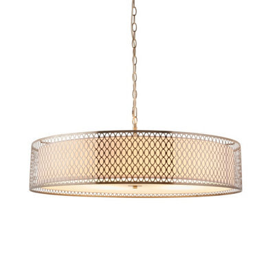 Luminosa Lighting Luminosa Cordero Cylindrical Pendant Ceiling Light Satin Nickel Plate, White Fabric & Frosted Glass 5X E27 - image 1