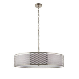 Luminosa Lighting Luminosa Cordero Cylindrical Pendant Ceiling Light Satin Nickel Plate, White Fabric & Frosted Glass 5X E27 - thumbnail 7