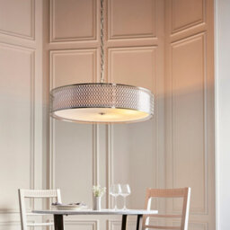Luminosa Lighting Luminosa Cordero Cylindrical Pendant Ceiling Light Satin Nickel Plate, White Fabric & Frosted Glass 5X E27 - thumbnail 2