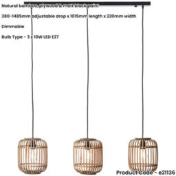 Loops Hanging Ceiling Bar Pendant Light - Natural Bamboo Plywood & Matt Black Paint - 3 X 10W Led E27 - thumbnail 2