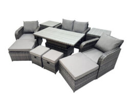 Fimous 8-Seater Patio Height Adjustable Rising Lifting Table Sofa Sets Rattan Garden Furniture Dining Set With 2 Small Footstool - thumbnail 2