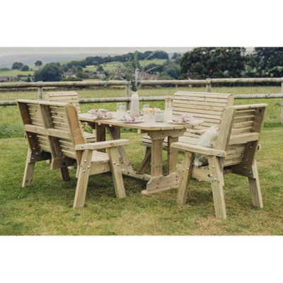 Churnet Valley Garden Furniture Ltd Ergo Table Set - Sits 6, 2 Bench & 2 Chair - L250 X W290 X H105 Cm - Min. Assembly Required - Set Of Waterproof Cushions Included - image 1