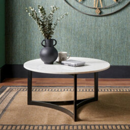Pacific Lifestyle White Marble Round Coffee Table With Black Metal Legs 81Cm, Hendrick - thumbnail 1