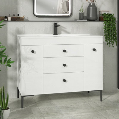 Royal Bathrooms Verona 1000mm White Floor Standing Vanity Unit 3 Drawer & Dual Side Pull Out Storage Ceramic Basin - Black Knob - image 1