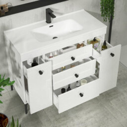 Royal Bathrooms Verona 1000mm White Floor Standing Vanity Unit 3 Drawer & Dual Side Pull Out Storage Ceramic Basin - Black Knob - thumbnail 5