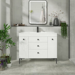 Royal Bathrooms Verona 1000mm White Floor Standing Vanity Unit 3 Drawer & Dual Side Pull Out Storage Ceramic Basin - Black Knob - thumbnail 4