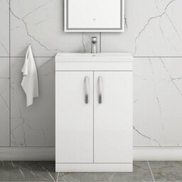 Royal Bathrooms Turin Gloss White 600mm Floor Standing Vanity Unit 2 Door With Mid-Edge Basin Sink