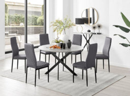 Furniturebox Uk Novara Grey Concrete Effect Black Leg 120Cm Round Dining Table & 6 Grey Velvet Milan Black Leg Chairs