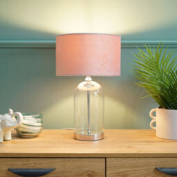 Valuelights Jessy Glass And Silver Chrome Metal Bedside Table Lamp With A Blush Pink Velvet Lampshade