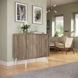 Urbn-Living Urbnliving 2-Door Sliding Chest Cabinet Sideboard Oak Carcass Closet Storage Cupboard Organiser With White Legs - thumbnail 2