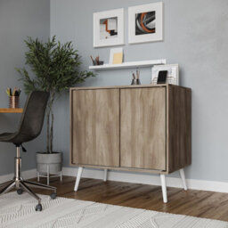 Urbn-Living Urbnliving 2-Door Sliding Chest Cabinet Sideboard Oak Carcass Closet Storage Cupboard Organiser With White Legs - thumbnail 3