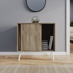 Urbn-Living Urbnliving 2-Door Sliding Chest Cabinet Sideboard Oak Carcass Closet Storage Cupboard Organiser With White Legs - thumbnail 4