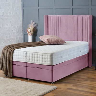 Bsspoke Solid Divan Base Ottoman Divan Bed Pink Velvet Orthopaedic Mattress & 54Inch Headboard End Lift Up Storage In All Sizes - image 1