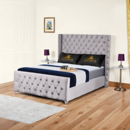 UKBEDFURNITURE Windsor Wingback Silver Plush Valvet Upholstered Bed Frame Only - Slatted Base - 48 Inch Headboard - thumbnail 1