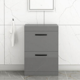 Royal Bathrooms Turin 600mm Indigo Grey Gloss Floor Standing Worktop Vanity Unit - 2 Drawer With Matt Black Handle - thumbnail 1
