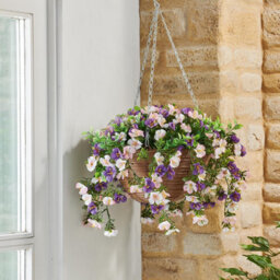 Artificial Petunia Regal Hanging Basket - Uv & Weather Resistant Faux Flower Display In Pot With Metal Chain - H57 X 30Cm Diameter - thumbnail 1