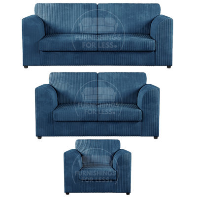 Furnishings For Less UK Luxor Jumbo Cord 3 + 2 + 1 Fabric 3 Piece Sofa Suite - Fullback Marine Blue