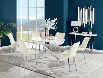 Furniturebox Novara White High Gloss 120Cm Round Dining Table With Chrome Starburst Legs & 6 Cream Pesaro Velvet Chairs - image 1