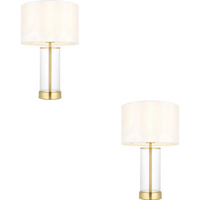 Loops 2 Pack Satin Brass Plate & Clear Glass Table Lamp - Vintage White Fabric Shade - 440mm Dimmable Tall Light - image 1