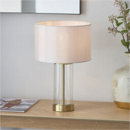 Loops 2 Pack Satin Brass Plate & Clear Glass Table Lamp - Vintage White Fabric Shade - 440mm Dimmable Tall Light - thumbnail 3