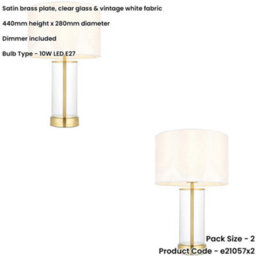 Loops 2 Pack Satin Brass Plate & Clear Glass Table Lamp - Vintage White Fabric Shade - 440mm Dimmable Tall Light - thumbnail 2