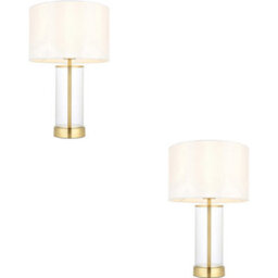 Loops 2 Pack Satin Brass Plate & Clear Glass Table Lamp - Vintage White Fabric Shade - 440mm Dimmable Tall Light