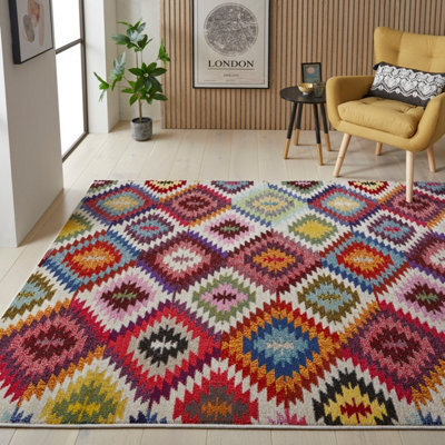 Multi Geometric Modern Chequered  Easy To Clean Rug For Dining Room-80 X 240Cmcm (Runner) - image 1