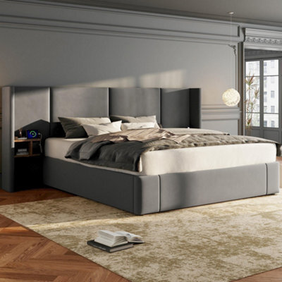 Btm 5Ft King Velvet Ottoman Storage Bed Frame Hydraulic Headboard With Usb Ports Sockets Two Bedside Tables Grey No Mattress - image 1