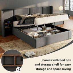 Btm 5Ft King Velvet Ottoman Storage Bed Frame Hydraulic Headboard With Usb Ports Sockets Two Bedside Tables Grey No Mattress - thumbnail 7