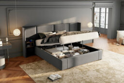 Btm 5Ft King Velvet Ottoman Storage Bed Frame Hydraulic Headboard With Usb Ports Sockets Two Bedside Tables Grey No Mattress - thumbnail 9