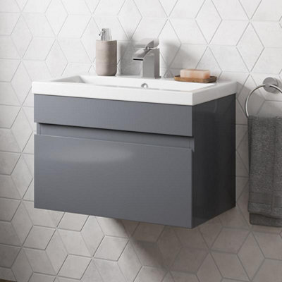 Affine 600mm Wall Hung Vanity Unit Basin Sink Bathroom Storage Cabinet Furniture Grey - image 1