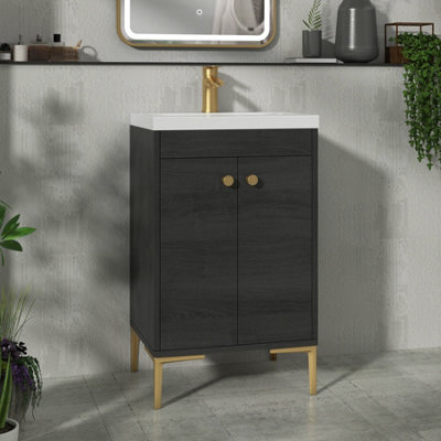 Royal Bathrooms Verona 500mm Black Woodgrain Floor Standing Bathroom Vanity Unit 2 Door With Mid-Edge Basin & Brushed Brass Knob - image 1
