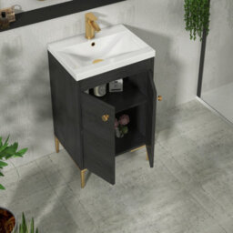 Royal Bathrooms Verona 500mm Black Woodgrain Floor Standing Bathroom Vanity Unit 2 Door With Mid-Edge Basin & Brushed Brass Knob - thumbnail 5