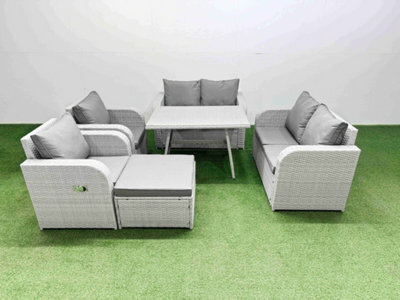 Fimous 7 Seater Rattan Garden Furniture Set Outdoor Love Sofa Set With Rectangular Dining Table Big Footstool Light Grey - image 1