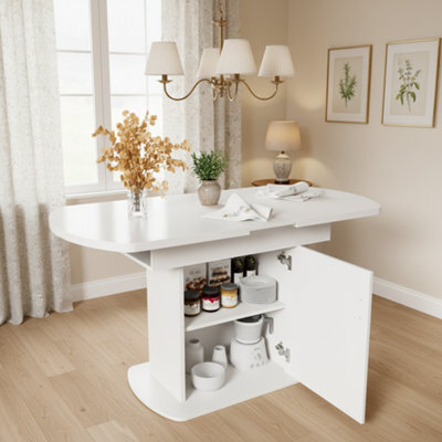 Btm Extendable Oval Dining Table With Storage, 110 130Cm Kitchen & Dining Table, Space Saving Design, Concrete White - image 1