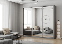 Fhif Dubai 250Cm Grey Sliding Door Wardrobe Modern Bedroom Storage With Full Length Mirror Shelves And Hanging Rails